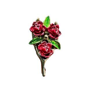Gerry's Brooch Enamel‎ Red Rose Green Leaves Gold Tone Vintage Wishbone Pin